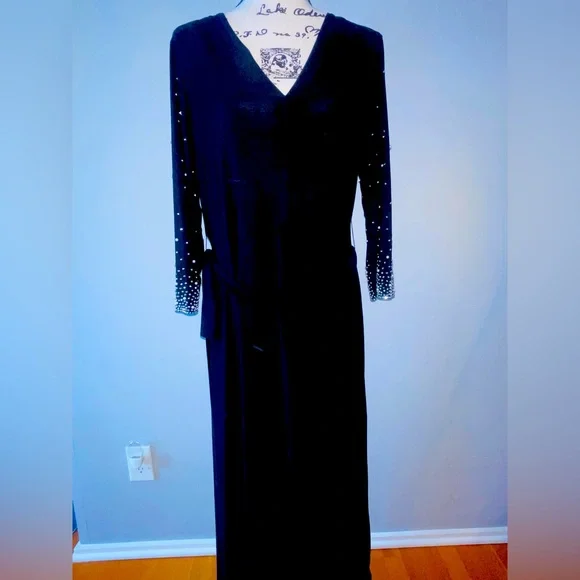 MSK Black Midi Dress with Pearl Embellished Sleeves β Size L (Worn Once) - Picture 6 of 9